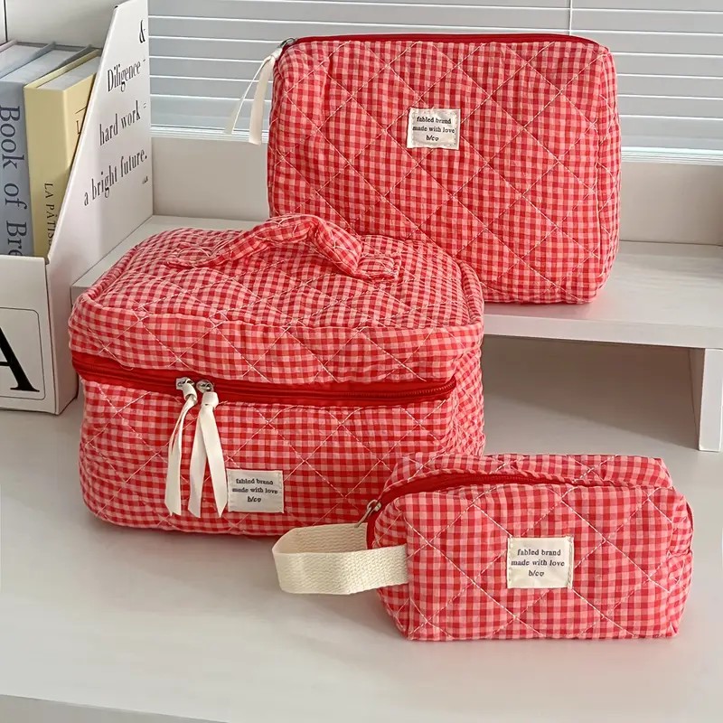Skincare B Erl - Women Large Capacity Checkered Cosmetic Bag