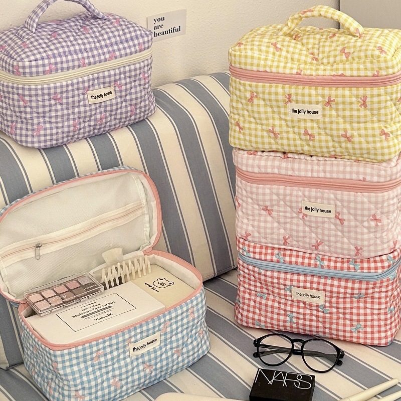 Cute Checkered Bow Makeup Bag  - đánh giá và giá Skincare B Erl