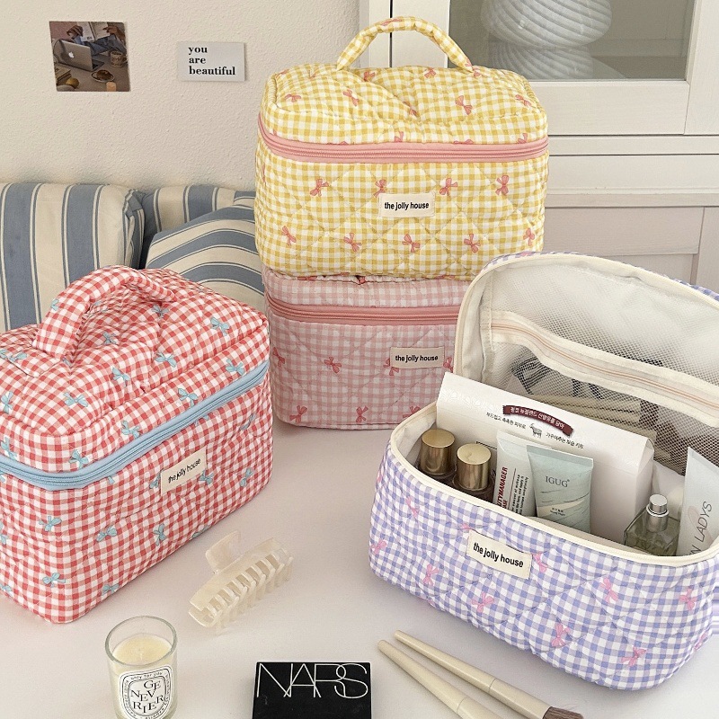 Cute Checkered Bow Makeup Bag  - đánh giá và giá Skincare B Erl