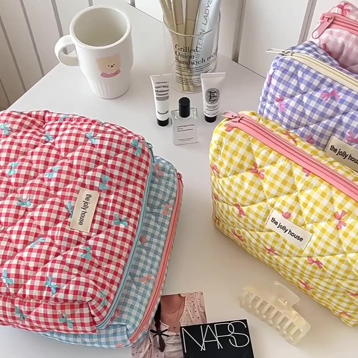 Cute Checkered Bow Makeup Bag  - đánh giá và giá Skincare B Erl